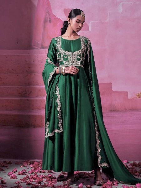 Distinctive Green Festive Wear Gown with Koti and Embroidery Dupatta Kurtis