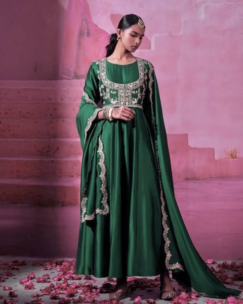 Distinctive Green Festive Wear Gown with Koti and Embroidery Dupatta Kurti With Dupatta Wholesale
