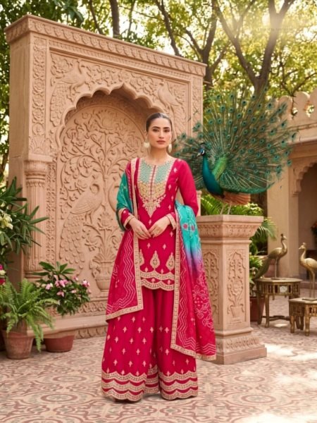 Distinctive Hot Pink Premium Chinnon Silk Kurti with Palazzo and Dupatta 