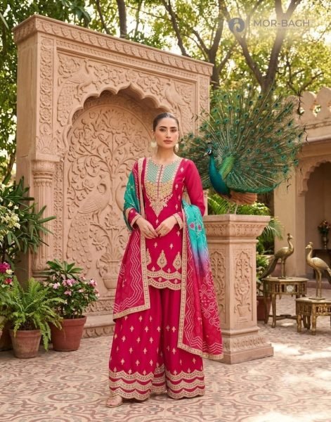 Distinctive Hot Pink Premium Chinnon Silk Kurti with Palazzo and Dupatta Designer Plazzo Salwar Suits Wholesale