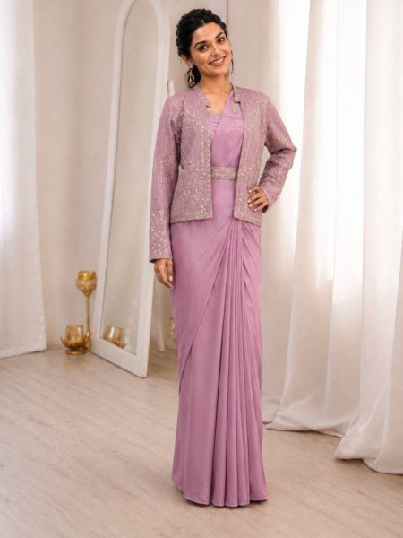 Distinctive Lavender Crepe Silk Saree with Embroidery Jacket and Belt for Wedding Wear 