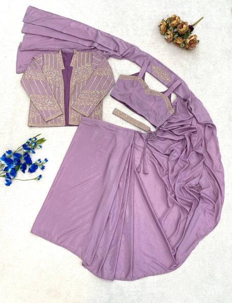 Distinctive Lavender Crepe Silk Saree with Embroidery Jacket and Belt for Wedding Wear Ready To Wear Saree 