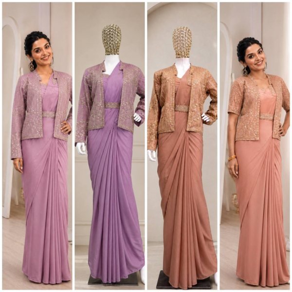 Distinctive Lavender Crepe Silk Saree with Embroidery Jacket and Belt for Wedding Wear Ready To Wear Saree 