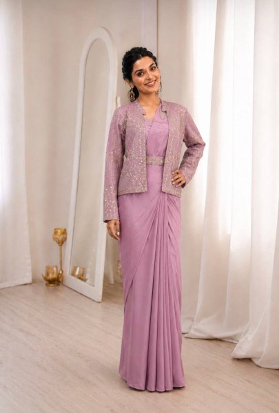 Distinctive Lavender Crepe Silk Saree with Embroidery Jacket and Belt for Wedding Wear Ready To Wear Saree 