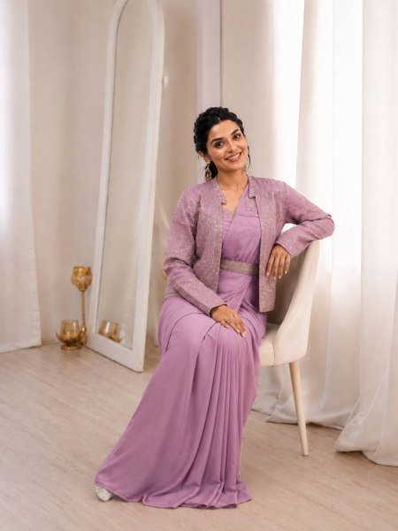 Distinctive Lavender Crepe Silk Saree with Embroidery Jacket and Belt for Wedding Wear Ready To Wear Saree 