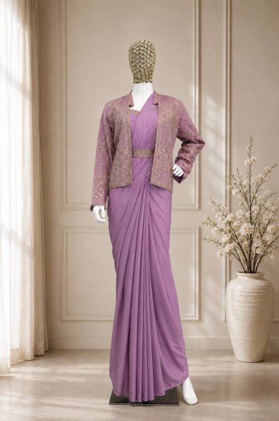 Distinctive Lavender Crepe Silk Saree with Embroidery Jacket and Belt for Wedding Wear Ready To Wear Saree 