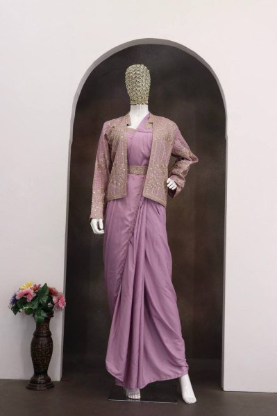 Distinctive Lavender Crepe Silk Saree with Embroidery Jacket and Belt for Wedding Wear Ready To Wear Saree 