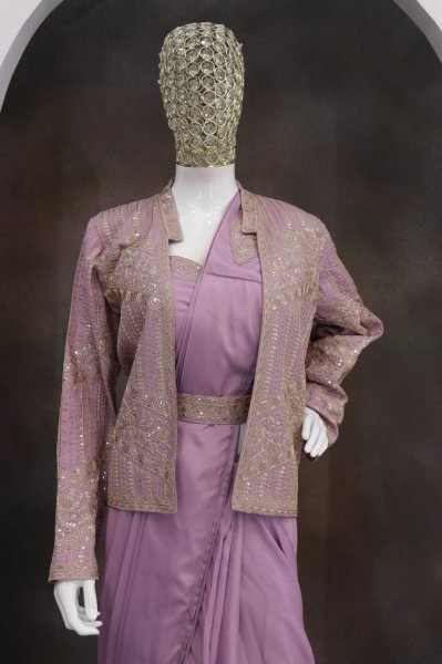 Distinctive Lavender Crepe Silk Saree with Embroidery Jacket and Belt for Wedding Wear Ready To Wear Saree 