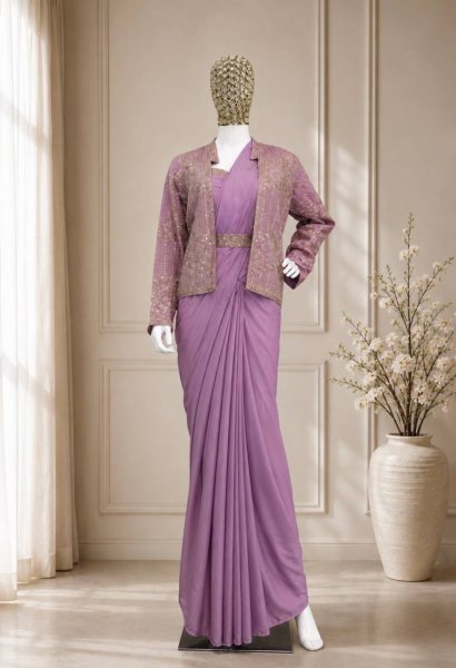 Distinctive Lavender Crepe Silk Saree with Embroidery Jacket and Belt for Wedding Wear Ready To Wear Saree 