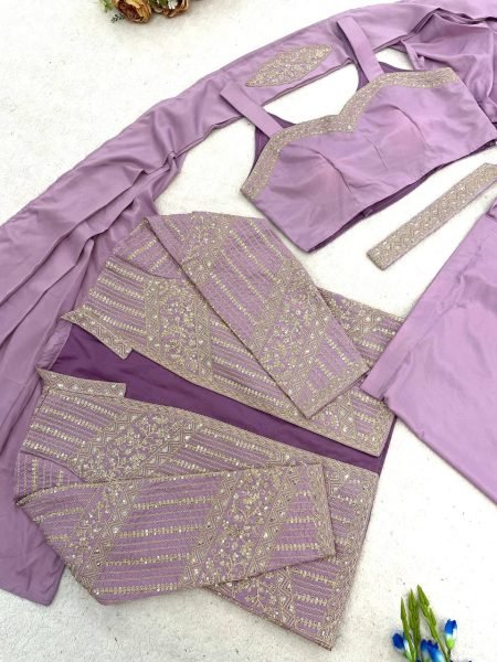 Distinctive Lavender Crepe Silk Saree with Embroidery Jacket and Belt for Wedding Wear Ready To Wear Saree 