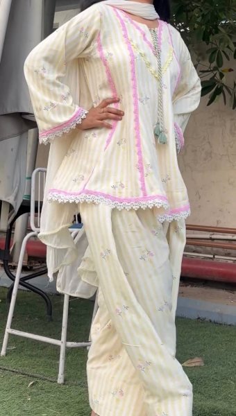 Distinctive Lemon Yellow Heavy Pure Natural Crepe Farshi Pant Suit Set Ready To Wear Collection