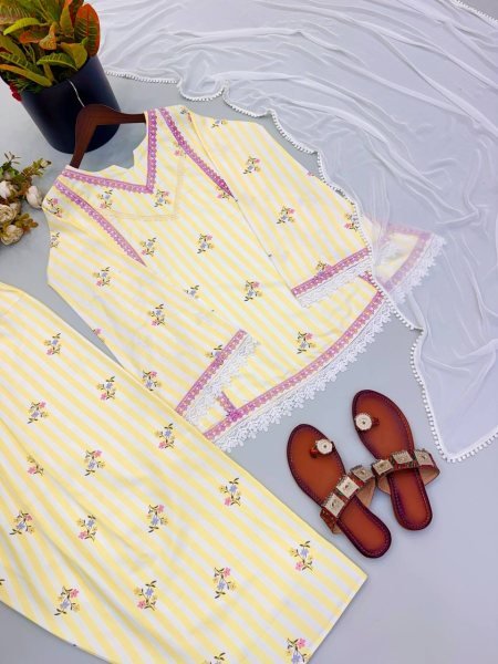 Distinctive Lemon Yellow Heavy Pure Natural Crepe Farshi Pant Suit Set Ready To Wear Collection