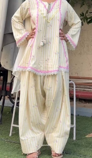 Distinctive Lemon Yellow Heavy Pure Natural Crepe Farshi Pant Suit Set Ready To Wear Collection