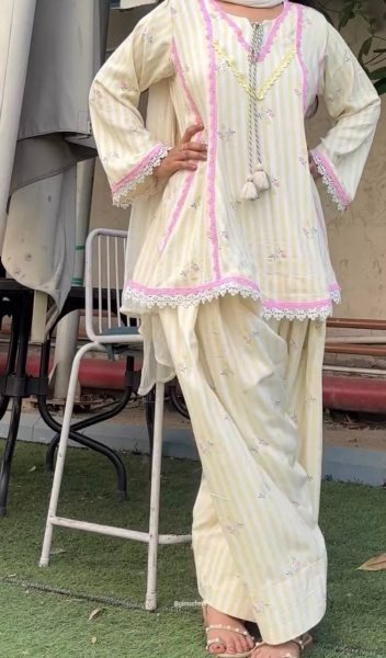 Distinctive Lemon Yellow Heavy Pure Natural Crepe Farshi Pant Suit Set Ready To Wear Collection