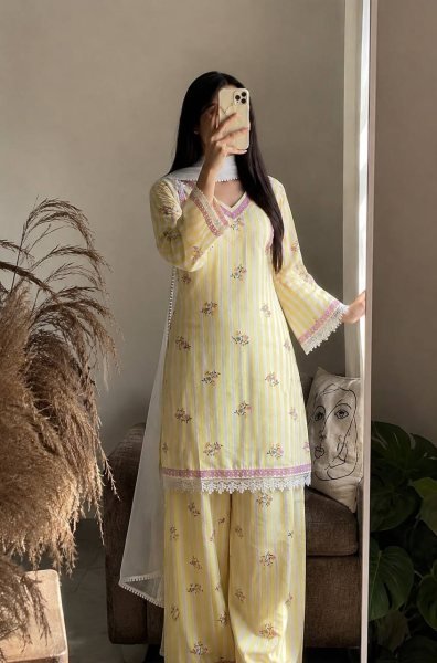 Distinctive Lemon Yellow Heavy Pure Natural Crepe Farshi Pant Suit Set Ready To Wear Collection
