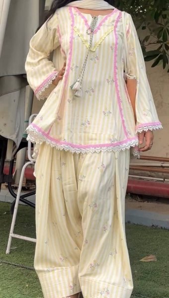 Distinctive Lemon Yellow Heavy Pure Natural Crepe Farshi Pant Suit Set Ready To Wear Collection