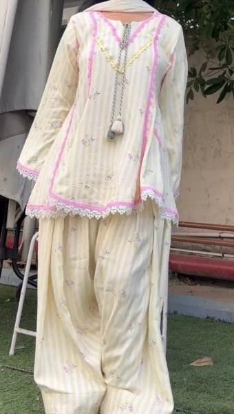 Distinctive Lemon Yellow Heavy Pure Natural Crepe Farshi Pant Suit Set Ready To Wear Collection