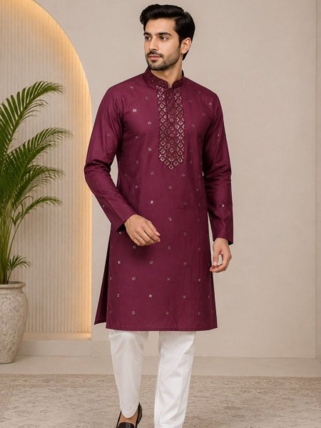 Distinctive Maroon Men's Traditional Kurta Pajama with Premium Rayon Slub Fabric 