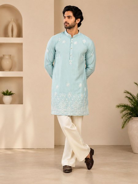 Distinctive Mint Blue Soft Silk Short Kurta with Sequence Work and Bell Bottom Set 
