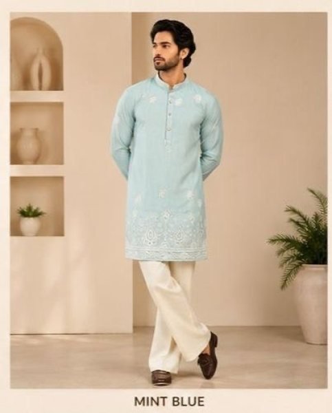 Distinctive Mint Blue Soft Silk Short Kurta with Sequence Work and Bell Bottom Set Kurta Pajama Wholesale