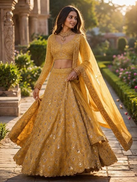 Distinctive Mustered Yellow Heavy Embroidery Lehenga Choli with Sequins Work for Party Wear Bridal Lehenga Choli