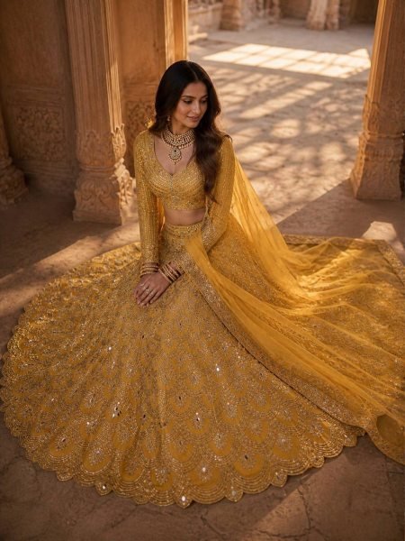 Distinctive Mustered Yellow Heavy Embroidery Lehenga Choli with Sequins Work for Party Wear Bridal Lehenga Choli