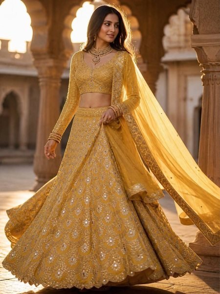 Distinctive Mustered Yellow Heavy Embroidery Lehenga Choli with Sequins Work for Party Wear Bridal Lehenga Choli