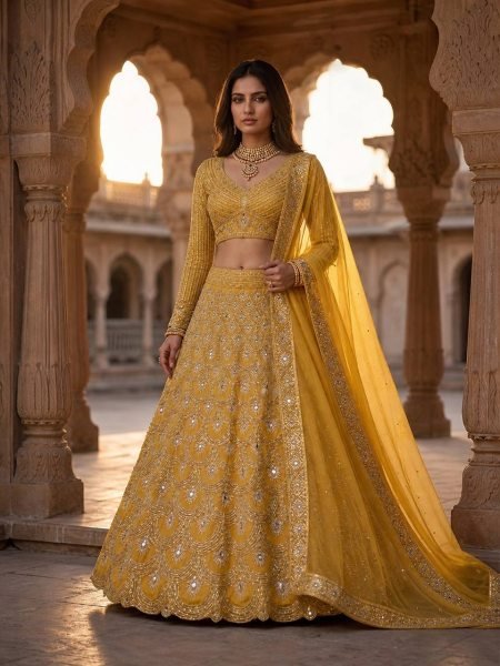 Distinctive Mustered Yellow Heavy Embroidery Lehenga Choli with Sequins Work for Party Wear Bridal Lehenga Choli