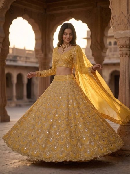Distinctive Mustered Yellow Heavy Embroidery Lehenga Choli with Sequins Work for Party Wear Bridal Lehenga Choli