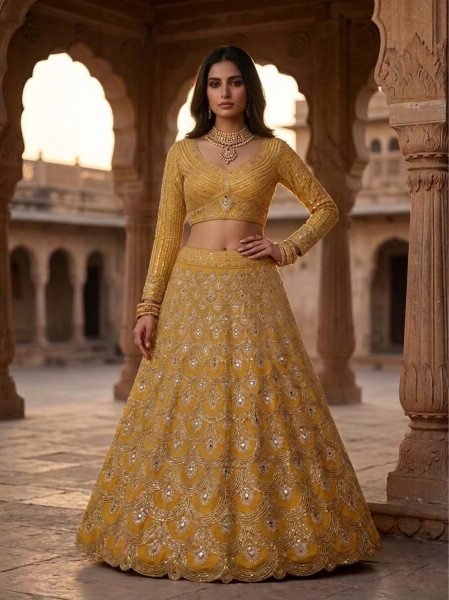 Distinctive Mustered Yellow Heavy Embroidery Lehenga Choli with Sequins Work for Party Wear Bridal Lehenga Choli
