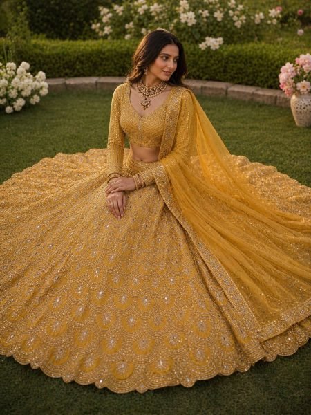 Distinctive Mustered Yellow Heavy Embroidery Lehenga Choli with Sequins Work for Party Wear Bridal Lehenga Choli