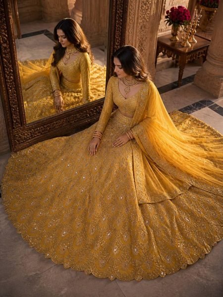 Distinctive Mustered Yellow Heavy Embroidery Lehenga Choli with Sequins Work for Party Wear Bridal Lehenga Choli