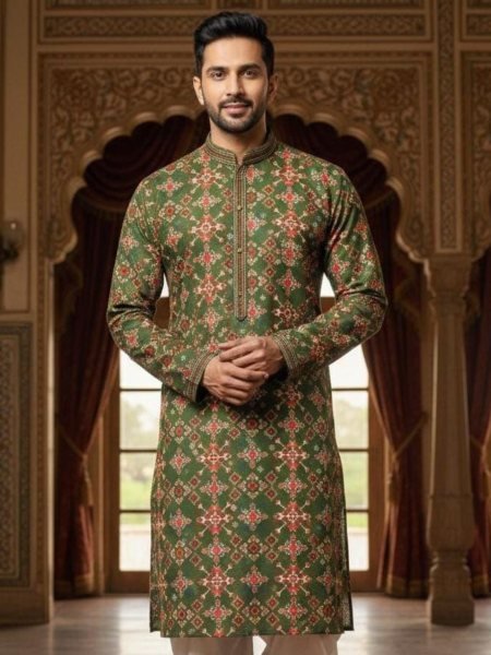 Distinctive Olive Green Silk Kurta Pajama Set with Geometric Patola Print 