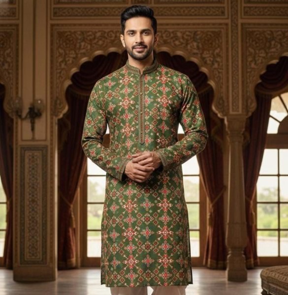 Distinctive Olive Green Silk Kurta Pajama Set with Geometric Patola Print Kurta Pajama Wholesale