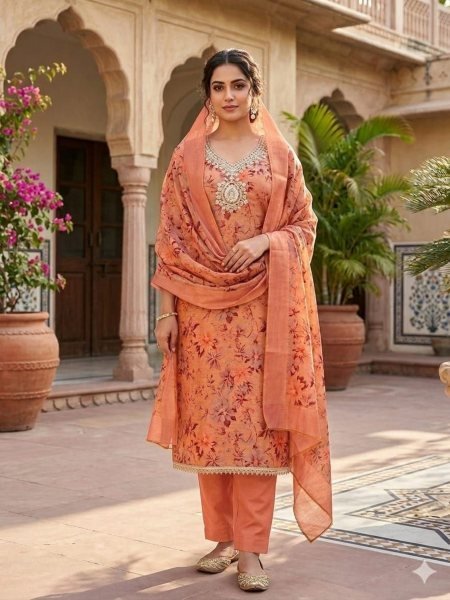 Distinctive Orange Erode Silk Printed Suit Fabric for Party and Traditional Wear 