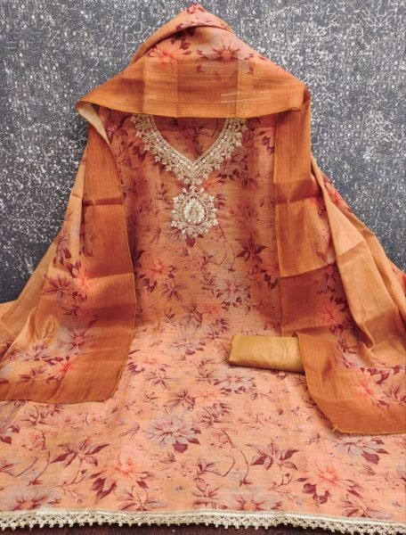 Distinctive Orange Erode Silk Printed Suit Fabric for Party and Traditional Wear Punjabi Dress Materials Wholesale