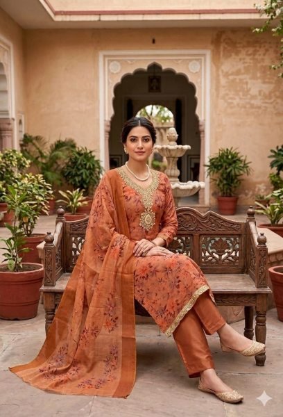 Distinctive Orange Erode Silk Printed Suit Fabric for Party and Traditional Wear Punjabi Dress Materials Wholesale