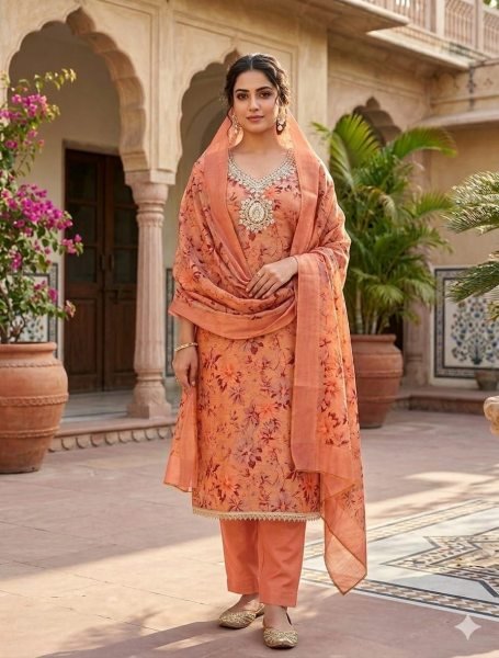 Distinctive Orange Erode Silk Printed Suit Fabric for Party and Traditional Wear Punjabi Dress Materials Wholesale