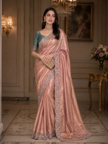 Distinctive Peach Soft Silk Saree with Self Jacquard Weaving and Embroidered Border Sarees 