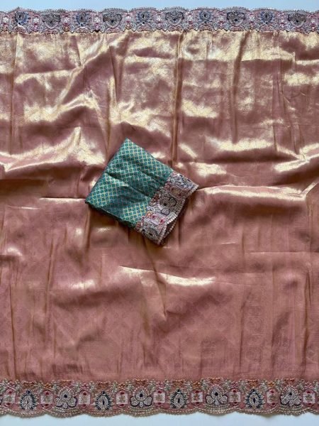 Distinctive Peach Soft Silk Saree with Self Jacquard Weaving and Embroidered Border Designer Wedding Sarees Wholesale