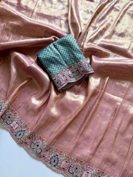 Distinctive Peach Soft Silk Saree with Self Jacquard Weaving and Embroidered Border Designer Wedding Sarees Wholesale