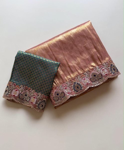 Distinctive Peach Soft Silk Saree with Self Jacquard Weaving and Embroidered Border Designer Wedding Sarees Wholesale