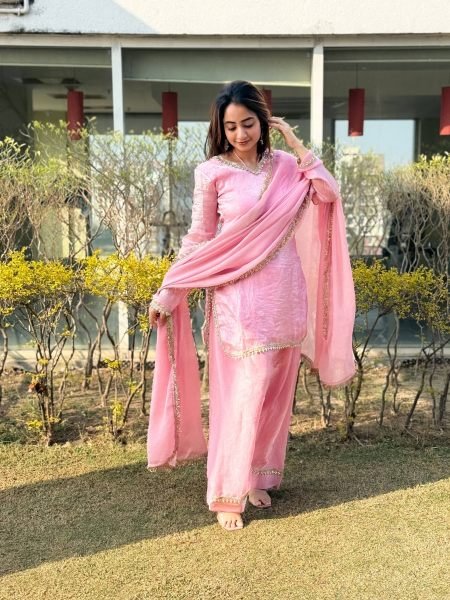 Distinctive Pink Party Wear Fendi Satin Silk Kurta with Farsi Salwar and Dupatta 