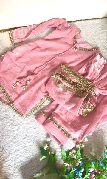 Distinctive Pink Party Wear Fendi Satin Silk Kurta with Farsi Salwar and Dupatta Ready To Wear Collection
