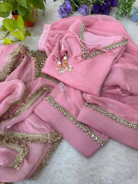 Distinctive Pink Party Wear Fendi Satin Silk Kurta with Farsi Salwar and Dupatta Ready To Wear Collection