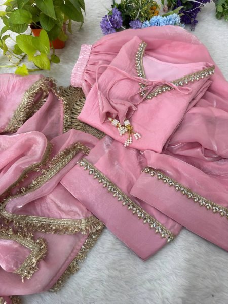 Distinctive Pink Party Wear Fendi Satin Silk Kurta with Farsi Salwar and Dupatta Ready To Wear Collection