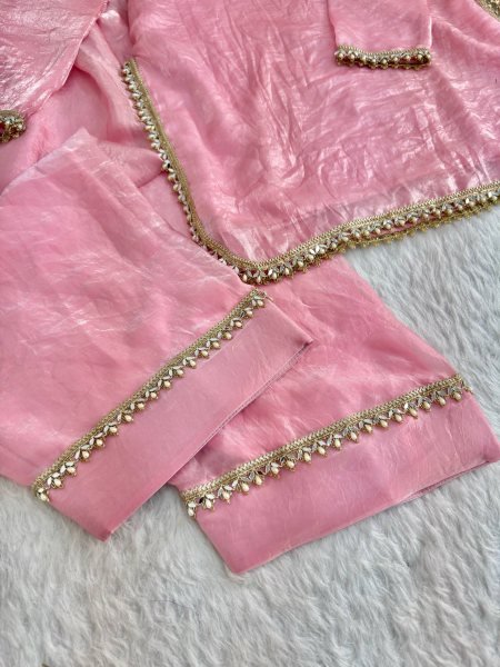 Distinctive Pink Party Wear Fendi Satin Silk Kurta with Farsi Salwar and Dupatta Ready To Wear Collection