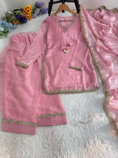 Distinctive Pink Party Wear Fendi Satin Silk Kurta with Farsi Salwar and Dupatta Ready To Wear Collection