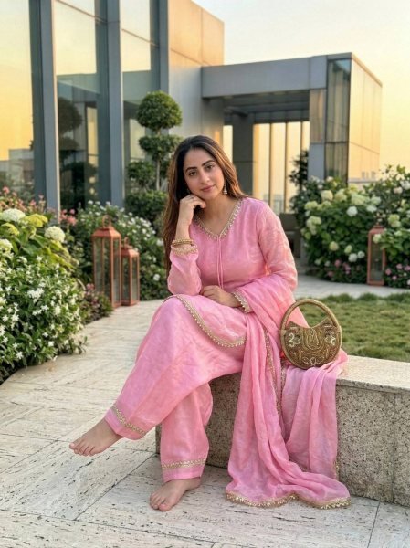 Distinctive Pink Party Wear Fendi Satin Silk Kurta with Farsi Salwar and Dupatta Ready To Wear Collection