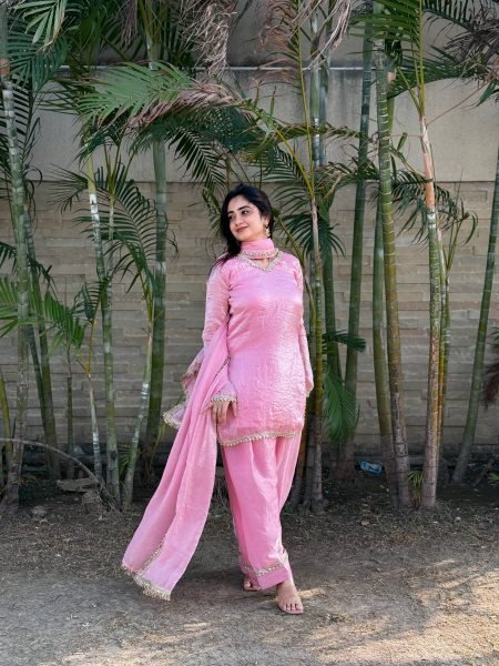 Distinctive Pink Party Wear Fendi Satin Silk Kurta with Farsi Salwar and Dupatta Ready To Wear Collection